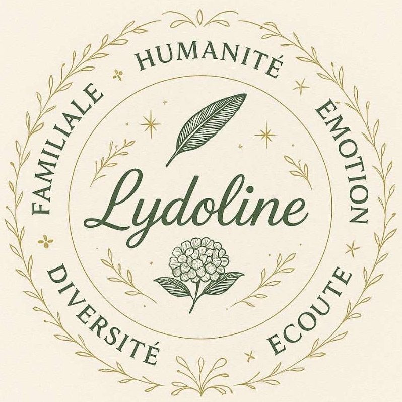 Idéologie de la maison d’édition Logo de Lydoline avec des mots clés comme "humanité", "écoute" et "diversité".